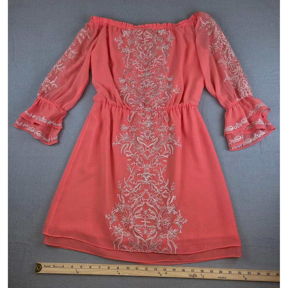 White House Black Market Off Shoulder Coral Pink Embroidered Boho Mini Dress M